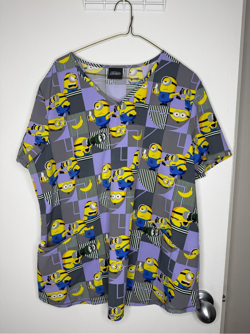 ❤️2 for $25❤️Minions Print V-Neck Scrub Top in Yellow, Purple, Gray